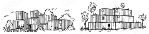 Modular shipping container houses stacked in a landscape in sketch style