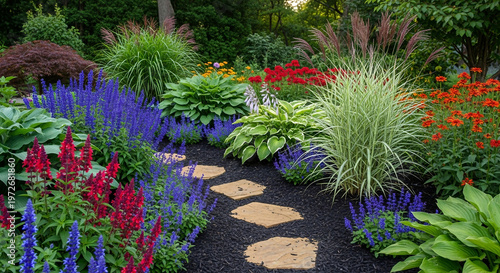 Landscaped garden path with stepping stones and colorful perennial flowers