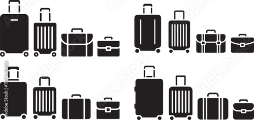 A diverse set of black silhouette luggage icons including roller suitcases and briefcases on white