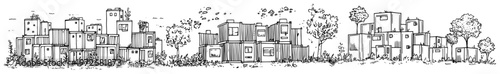 Panoramic view of modular residential buildings and neighborhood trees in sketch style