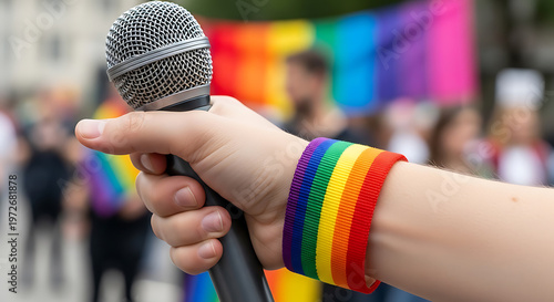 Hand holding a microphone with a rainbow wristband pride event on transparent background