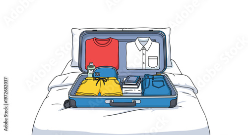 A vibrant blue suitcase sits open on a pristine white bed while neatly containing a red t-shirt, a white collared shirt, and a pair of bright yellow shorts.