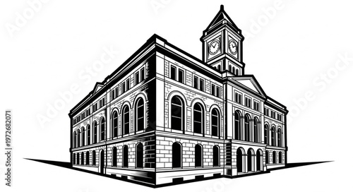 Detailed Architectural Drawing of a Grand Building with Clock Tower.