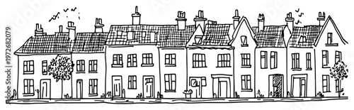 Traditional European townhouses in a row with detailed facades in hand drawn sketch style