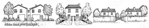 Residential detached houses with driveways and garden trees in hand drawn doodle style