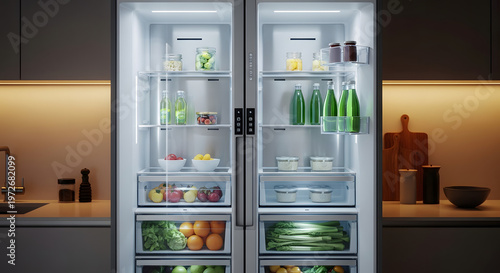 Fully Stocked Interior of a Modern Smart Refrigerator with Glass Shelves and LED Lighting, Concept of Healthy Eating and Organized Kitchen Appliance Storage