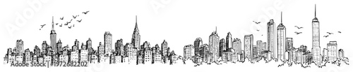 City skyline panorama with skyscrapers and flying birds in hand drawn sketch style