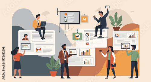 A stylish illustration depicting a businesswoman reviewing data on a screen, conveying analysis and strategic planning. Ideal for business reports, pr