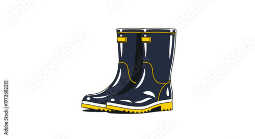 A pair of glossy dark navy blue waterproof rubber boots featuring vibrant yellow soles and decorative trim stands isolated against a clean white background.
