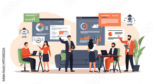 This illustration depicts a poised businesswoman seated, conveying professionalism and self-assurance. Ideal for corporate websites, marketing materia