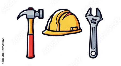 Construction Tools - Hammer, Hard Hat, and Adjustable Wrench Illustration.