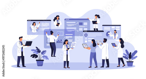 A calming illustration of a doctor consulting a digital tablet. Ideal for healthcare websites, medical apps, or articles about technology in medicine.