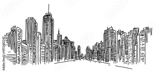 City street perspective with tall skyscrapers in hand drawn doodle style