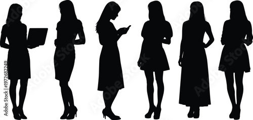 Women silhouettes, professional attire, office lifestyle, technology use, smartphone activity, laptop work, workplace culture, career women, diversity, success, collaboration, leadership