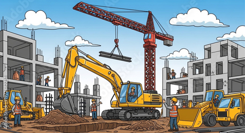 Construction Site with Heavy Machinery and Building Structures.