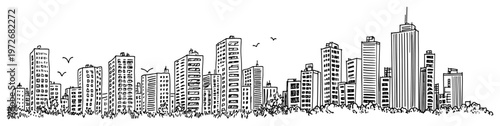 Wide urban skyline with high rise buildings in hand drawn ink sketch style