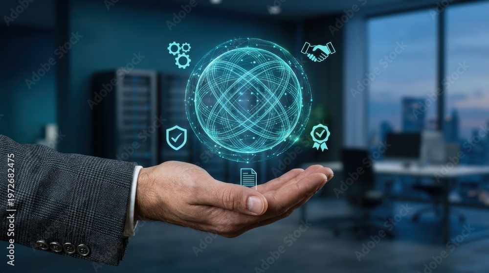 Obraz premium A hand holds a glowing digital globe surrounded by business icons with office servers and cityscape in the background