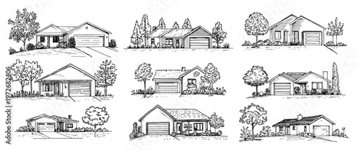 Suburban family houses collection with garages and gardens in hand drawn sketch style