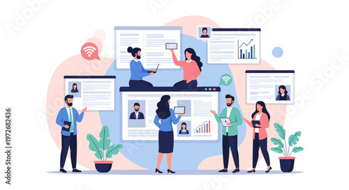 This illustration depicts a thoughtful businesswoman, ideal for representing contemplation, decision-making, or strategic planning in corporate commun