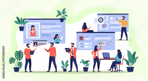 A calming illustration featuring a person and a vibrant houseplant. Perfect for concepts of wellbeing, sustainability, or creating a peaceful atmosphe