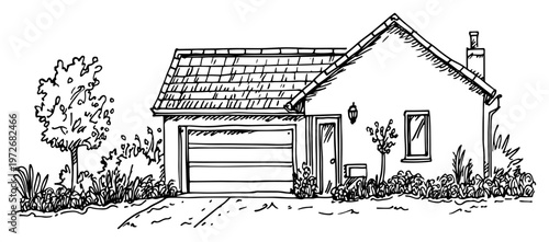 Single family suburban house with garage and garden in hand drawn sketch style