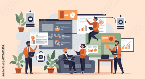 A minimalist illustration depicting a person standing near a vibrant houseplant. Perfect for representing wellness, biophilic design, or a focus on pe