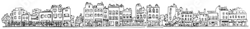 European old town street with traditional narrow buildings and shops in sketch style
