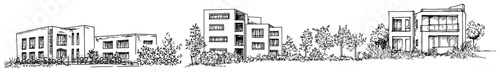 Modern residential neighborhood with cubic architecture and landscaped greenery in sketch style