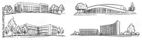 Architectural buildings with curved roofs and contemporary design in modern hand drawn sketch style