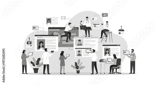 A minimalist illustration of a woman interacting with a smartphone. Ideal for concepts related to mobile technology, communication, or modern lifestyl