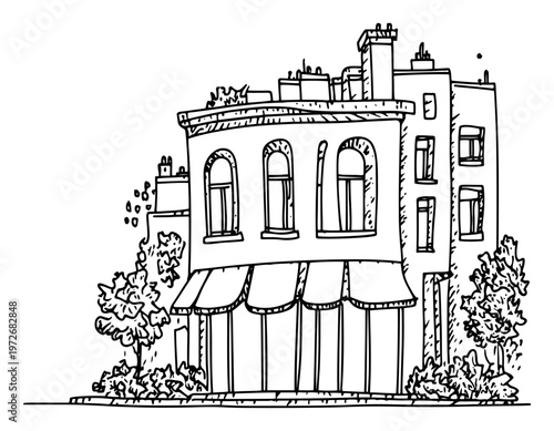 European corner building with shop awning and arched windows in hand drawn doodle style