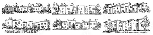 Modern townhouse neighborhood with rows of suburban residential buildings in hand drawn sketch style