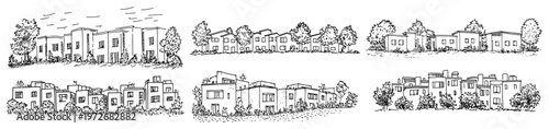 Minimalist residential apartment blocks and modern suburban houses in hand drawn doodle style