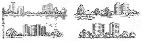 Modern city skyline views with skyscrapers and apartment towers in hand drawn sketch style
