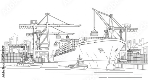 Container Ship at Port Terminal - A Detailed Line Art Illustration.