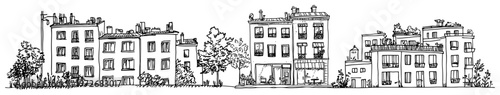 Urban street panorama with row houses and trees in hand drawn sketch style