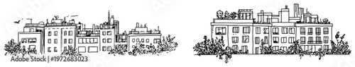 City buildings with rooftop gardens and urban greenery in hand drawn sketch style