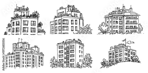 Modern apartment buildings set with rooftop terraces and trees in hand drawn sketch style