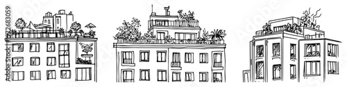 Residential building facades with rooftop gardens and outdoor spaces in hand drawn sketch style