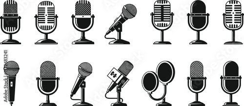 Comprehensive collection of black and white vintage microphone vector silhouettes including studio condenser, handheld dynamic, and classic radio broadcast equipment isolated on white background.