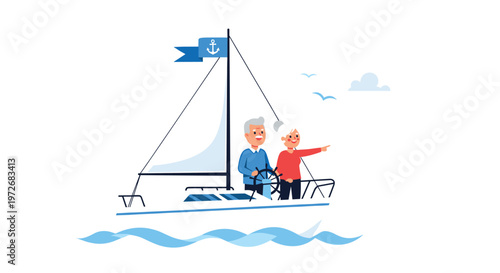A vibrant flat design illustration of an elderly couple navigating a modern white sailboat across blue ocean waves under a bright clear sky.