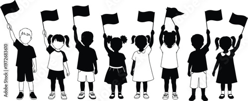 Diverse group of children holding flags black and white vector silhouette set showing boys and girls standing in line isolated on white background.