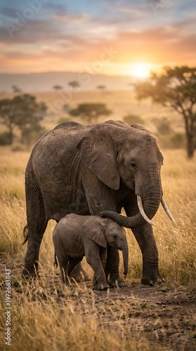 Mother Elephant Protecting Baby at Sunrise