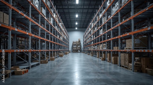 Warehouse storage racks empty with only boxes left, industrial setting, soft shadows, logistics disruption concept