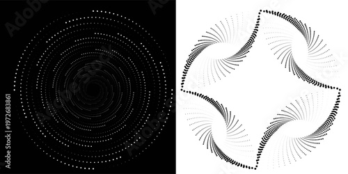 Modern abstract background. Halftone dots in circle form. Spiral logo, icon or design element. Black dots on a white background and white dots on the black side.