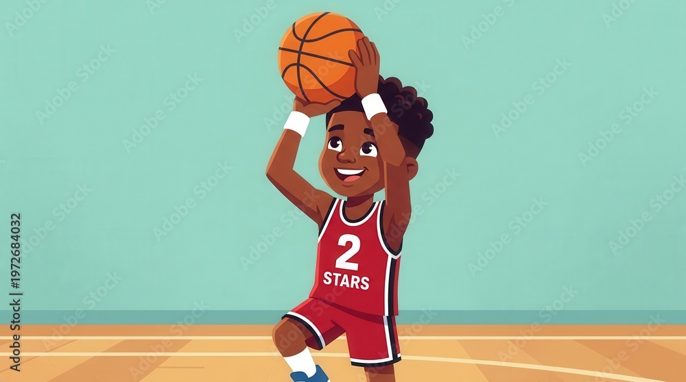 Naklejka premium Funny Cartoon Boy Playing Basketball Illustration for Kids Sports and Recreation