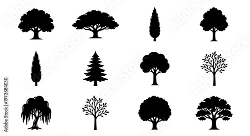 Black tree silhouettes collection, set of 12 minimalist nature icons, forest and garden vegetation vector elements for landscape design