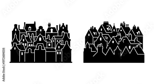 Vintage European town silhouette vector, black and white old city buildings, historic urban architecture skyline, traditional village houses set
