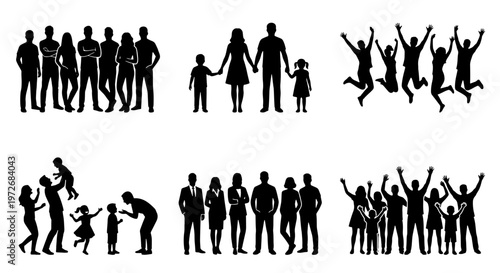 Black silhouette people collection, diverse group of men and women icons, happy family and business team silhouettes, jumping crowd vector set