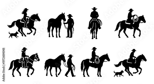 Western cowboy silhouettes set, horse riders and ranch life vector icons, black equestrian figures with lasso and dogs on white background